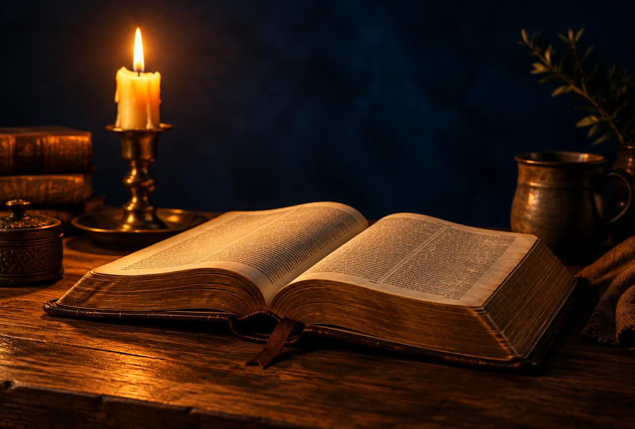 Bible ouverte à la lumière d'une bougie